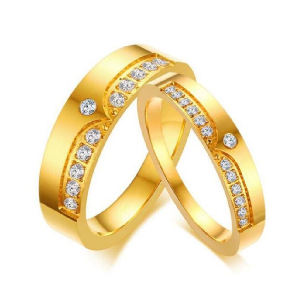18 Kt   Yellow Gold CZ Stones His & Her Wedding Couple Band Rings 2 Pc