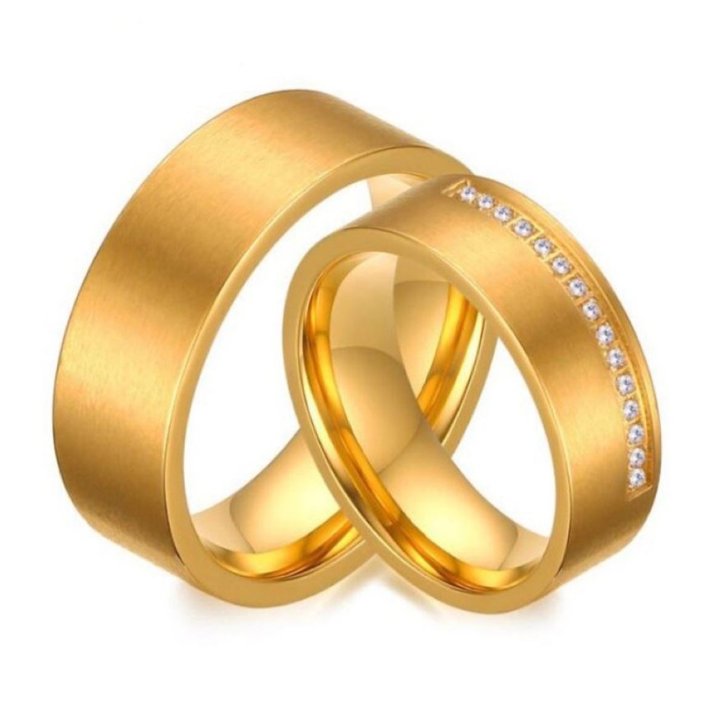 18 Kt   Yellow Gold CZ His & Her Wedding Couple Frost Band Rings 2 Pcs