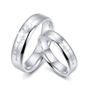 14K White Gold His Her Heart Beat Couple Promise Wedding 2 Pc Band Set