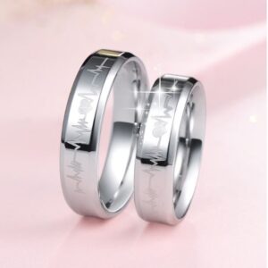 14K White Gold His Her Heart Beat Couple Promise Wedding 2 Pc Band Set
