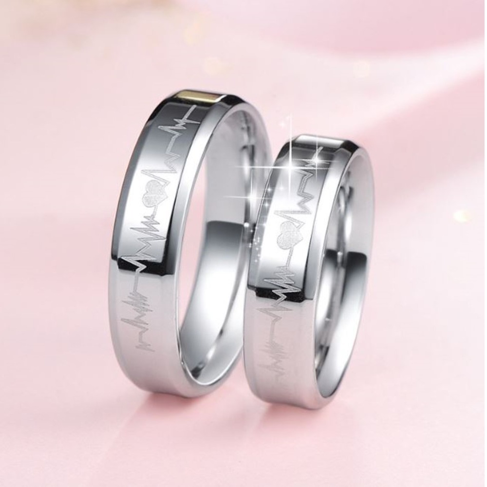 14K White Gold His Her Heart Beat Couple Promise Wedding 2 Pc Band Set - Image 3