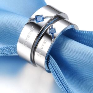 14 Kt   White Gold Blue Sapphire His & Her Wedding Couple Bands 2 Pcs