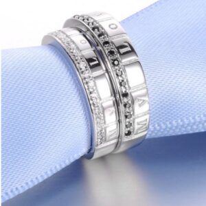 14 Kt  White Gold CZ & Onyx His & Her Wedding Couple Bands 2 Pcs Rings