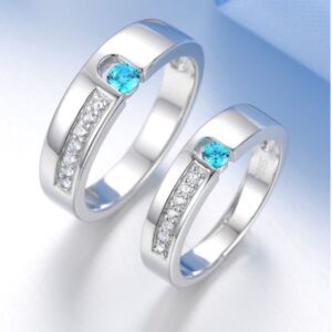 14 Kt  White Gold Aquamarine & CZ His & Her Wedding Couple Bands 2 Pcs