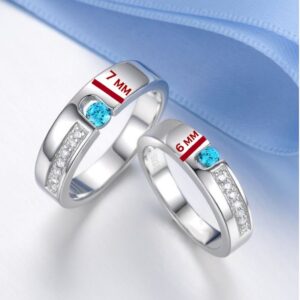14 Kt  White Gold Aquamarine & CZ His & Her Wedding Couple Bands 2 Pcs