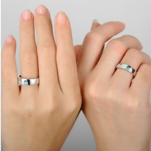 14 Kt  White Gold Aquamarine & CZ His & Her Wedding Couple Bands 2 Pcs