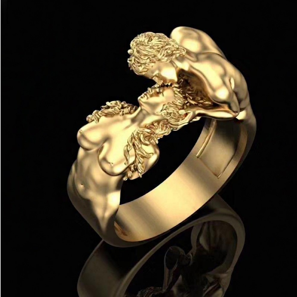Fine Jewelry 18 Kt   Yellow Gold Lovers Couple Kissing Ring Size 6,7,8