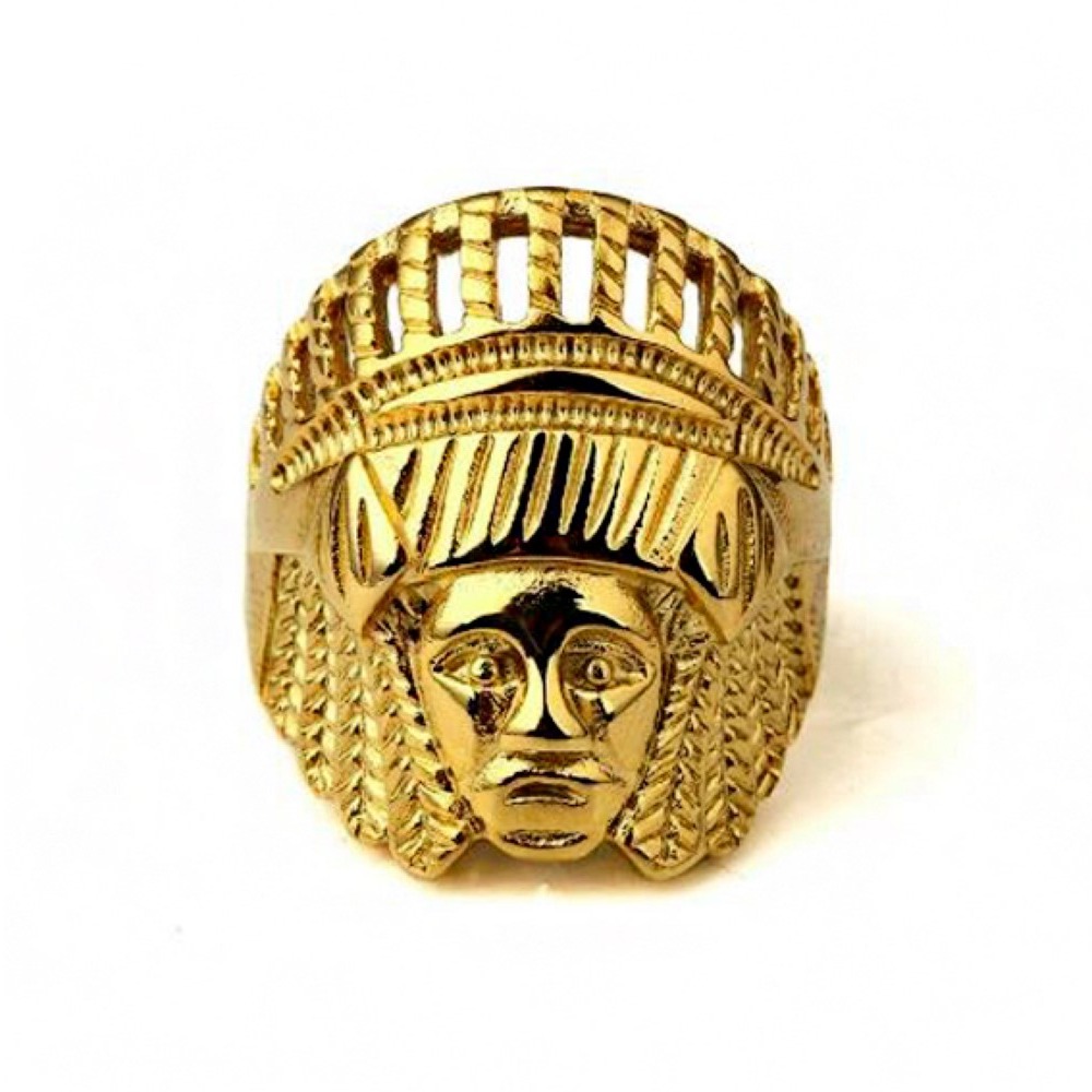 18 Kt   Yellow Gold Ancient Maya Tribal Chief Head Punk Men'S Ring