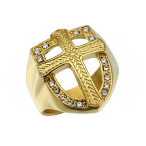 18 K   Yellow Gold Cross Chunky Square CZ Stones Men'S Ring Size 8-10