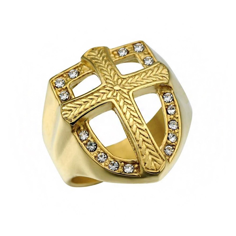 18 K   Yellow Gold Cross Chunky Square CZ Stones Men'S Ring Size 8-10