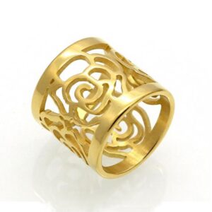 18 Kt   Yellow Gold Hollow Pattern Wide Women'S Band Ring Size 6-9