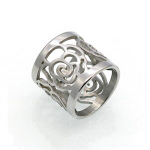 18 Kt  Solid White Gold Hollow Pattern Wide Women'S Band Ring Size 6-9