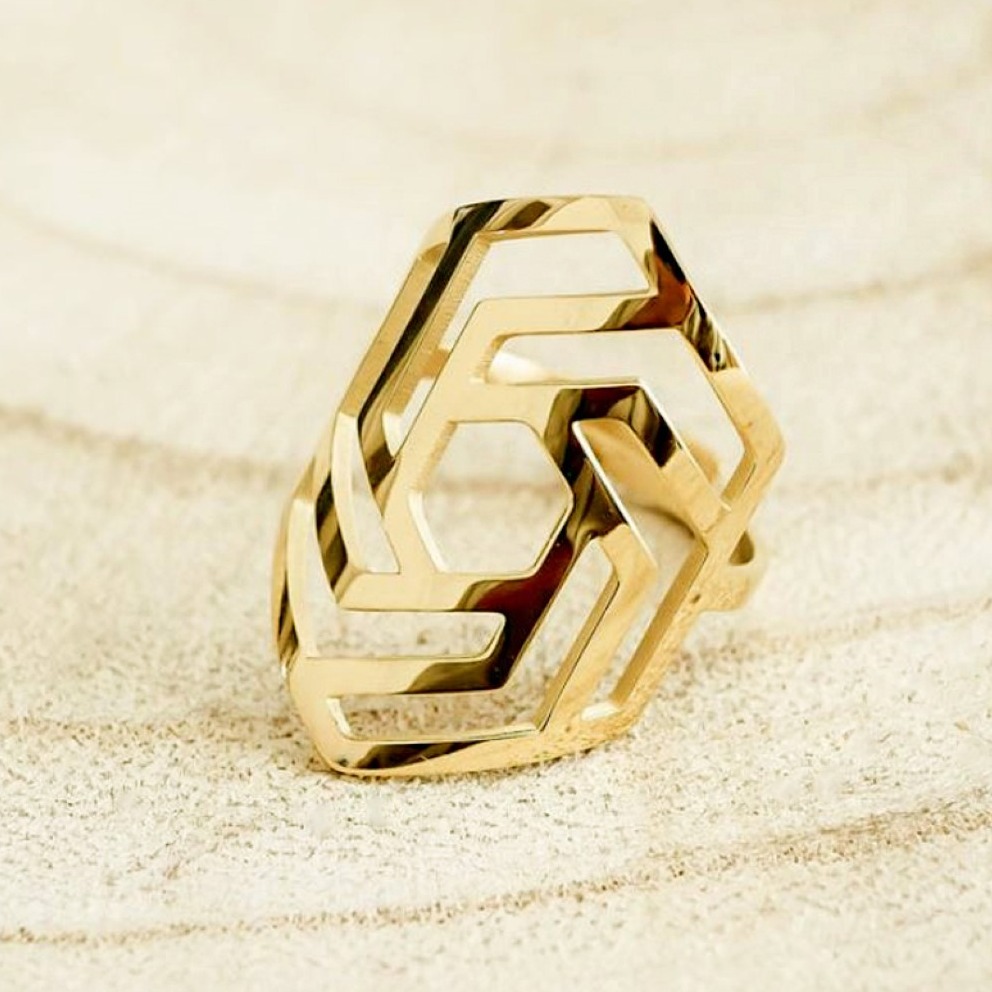18 Kt Hallmark  Solid Yellow Gold Geometric Women'S Boho Ring Size 5-9