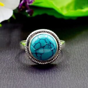 14 Kt Hallmark   White Gold Turquoise Gemstone Women'S Ring Size 6-8