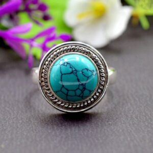 14 Kt Hallmark   White Gold Turquoise Gemstone Women'S Ring Size 6-8