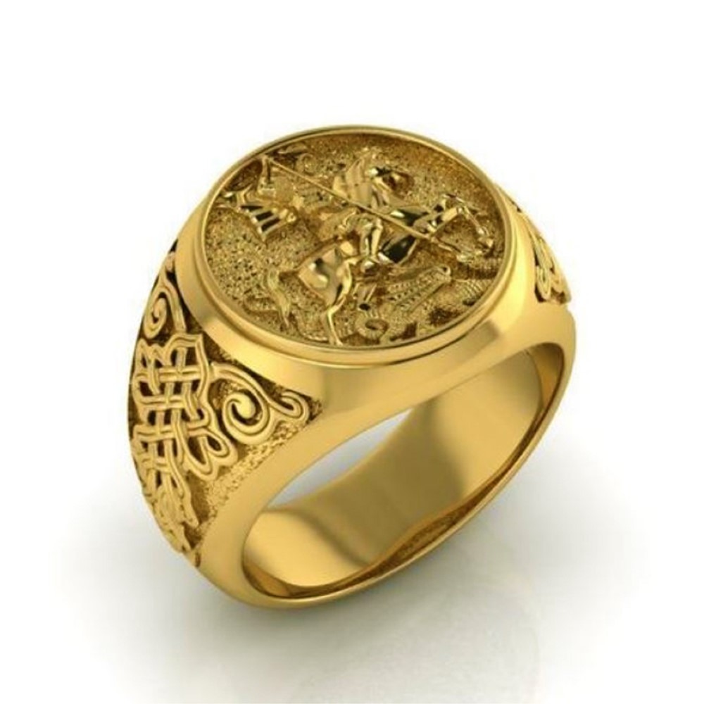 14 Kt  Solid Yellow Gold St. Michael Fighting Dragon Ring Size 8-12