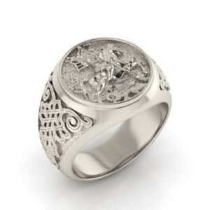 14 Kt Real Solid White Gold St. Michael Fighting Dragon Ring Size 8-12