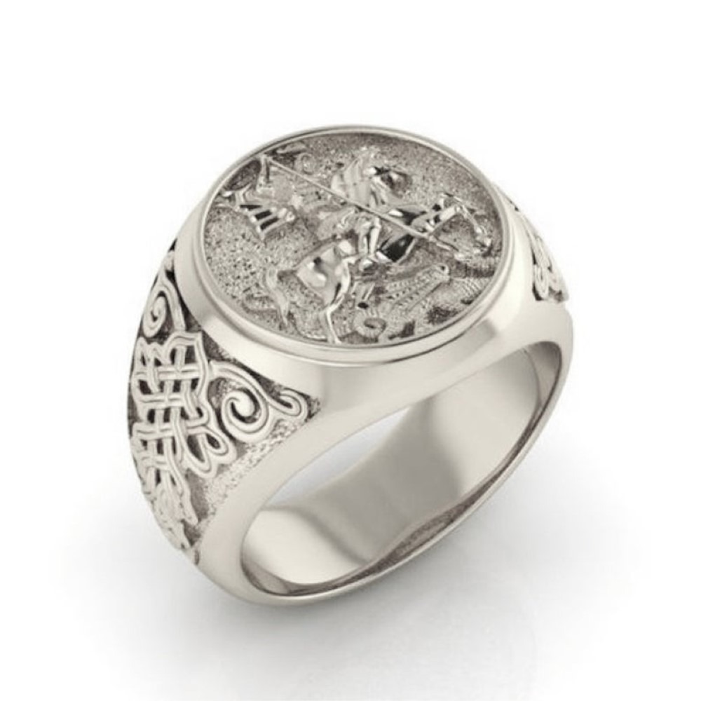 14 Kt Real Solid White Gold St. Michael Fighting Dragon Ring Size 8-12