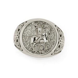 18 Kt Real Solid White Gold St. Michael Fighting Dragon Ring Size 8-12