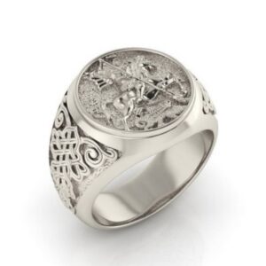 18 Kt Real Solid White Gold St. Michael Fighting Dragon Ring Size 8-12