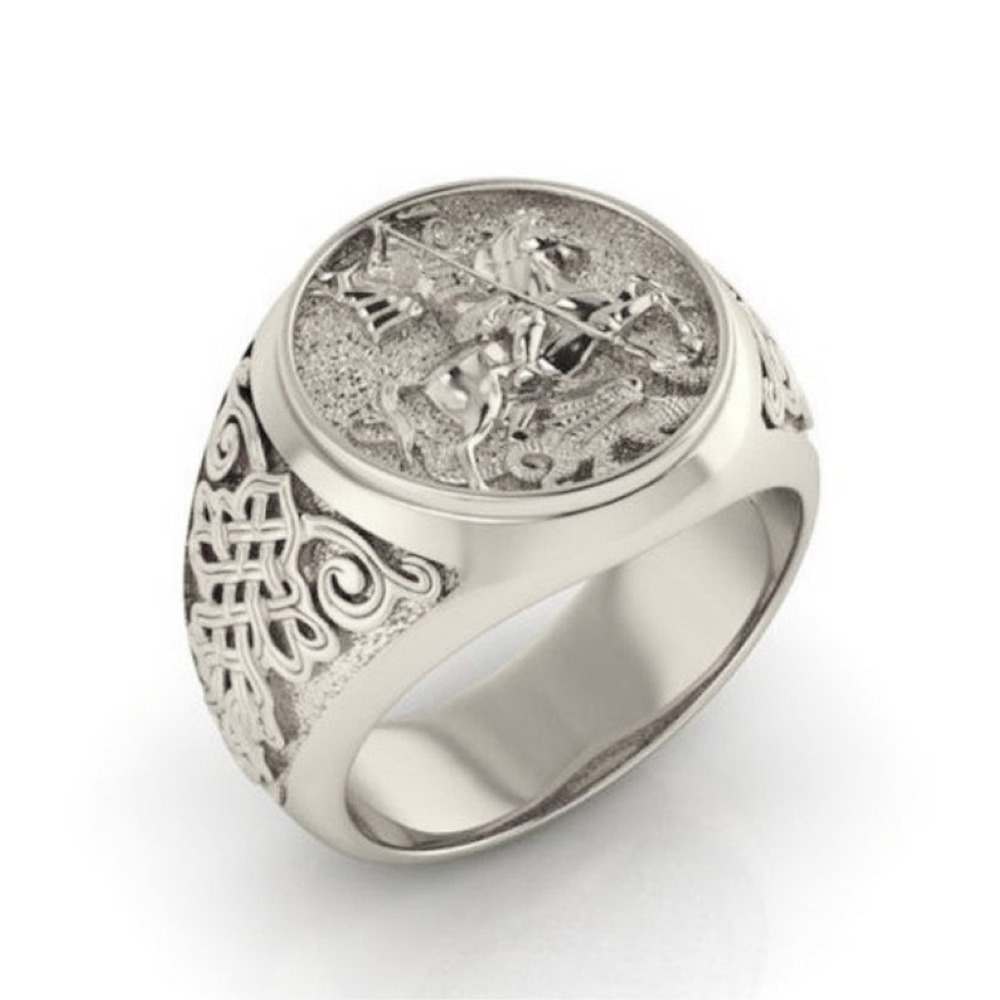 18 Kt Real Solid White Gold St. Michael Fighting Dragon Ring Size 8-12