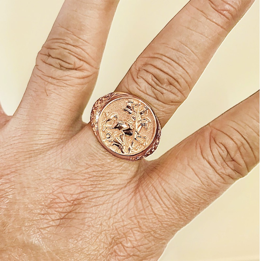 14 Kt Real Solid Rose Gold St. Michael Fighting Dragon Ring Size 8-12