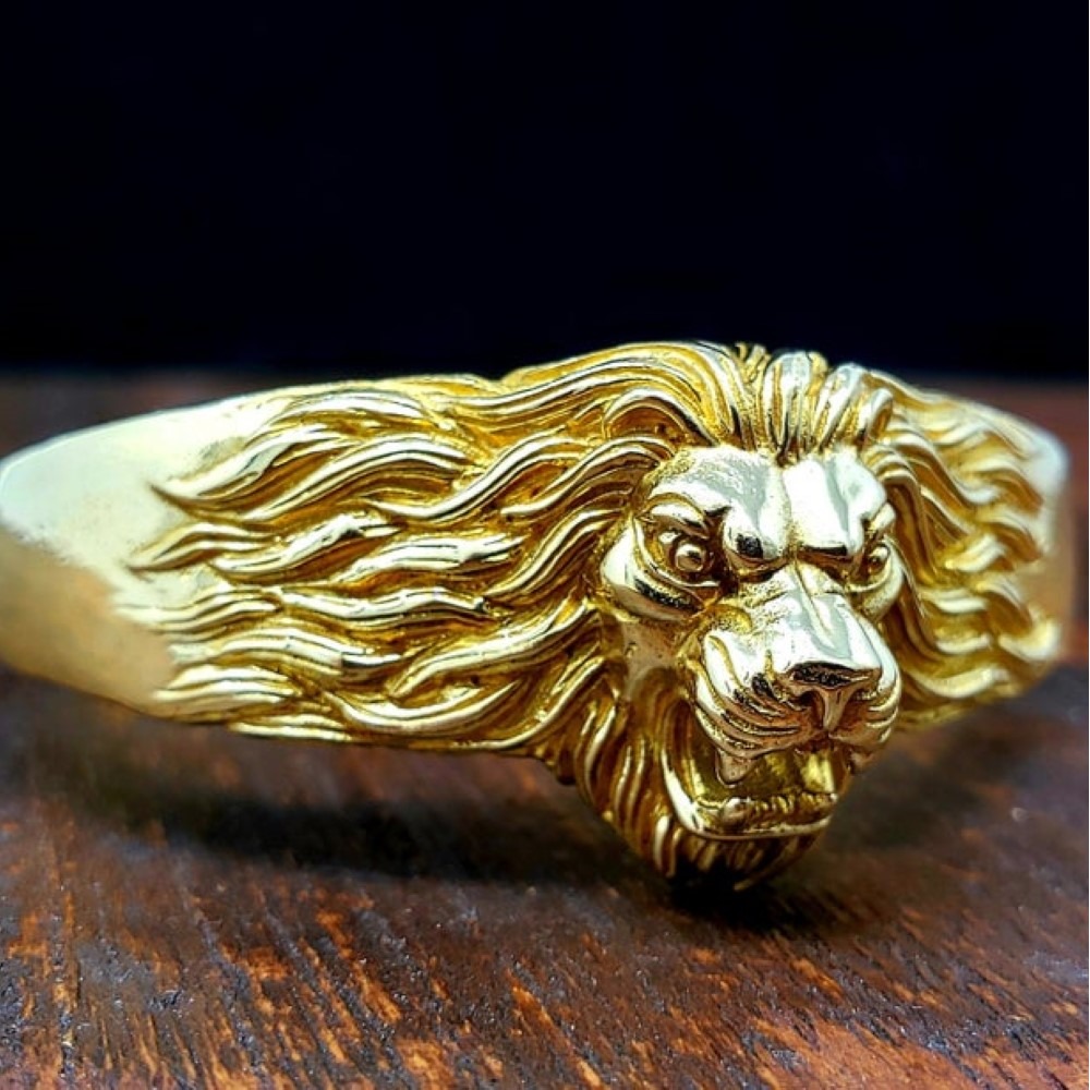 18 Kt Real Solid Yellow Gold Adjustable Lion Men'S Ring Size 7-13