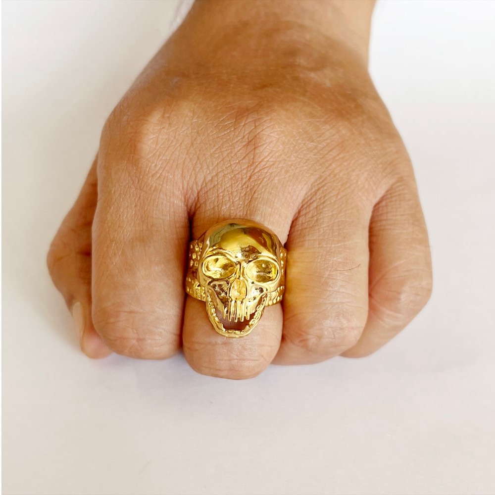 18 Kt Real Solid Yellow Gold Evil Skull Men's Ring 13 Gm Size 8-13