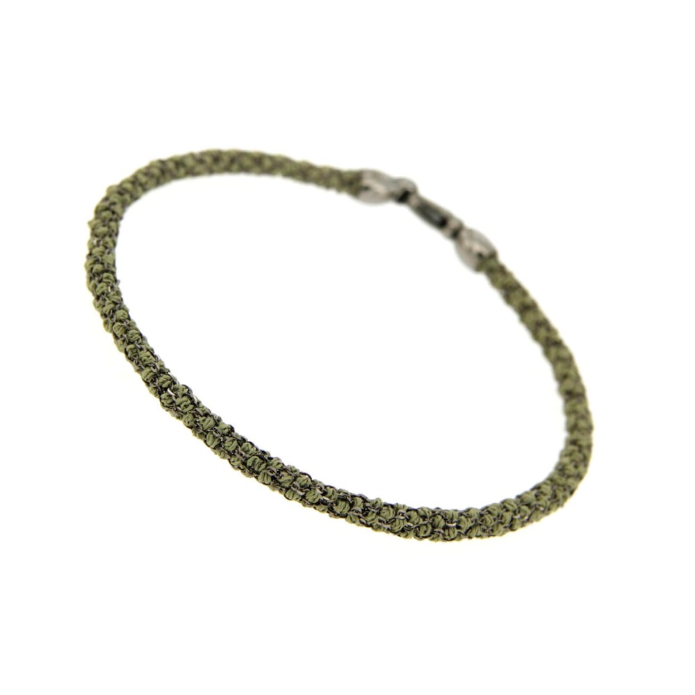 Etru Jewels 925 Silver Round Bracelet In Black Silver And Pistachio Fabric