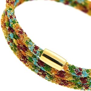 Etru Jewels 925 Silver Wrapped Round Bracelet / Necklace in Yellow Silver and Rainbow Multicolor Fabric