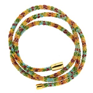 Etru Jewels 925 Silver Wrapped Round Bracelet / Necklace in Yellow Silver and Rainbow Multicolor Fabric