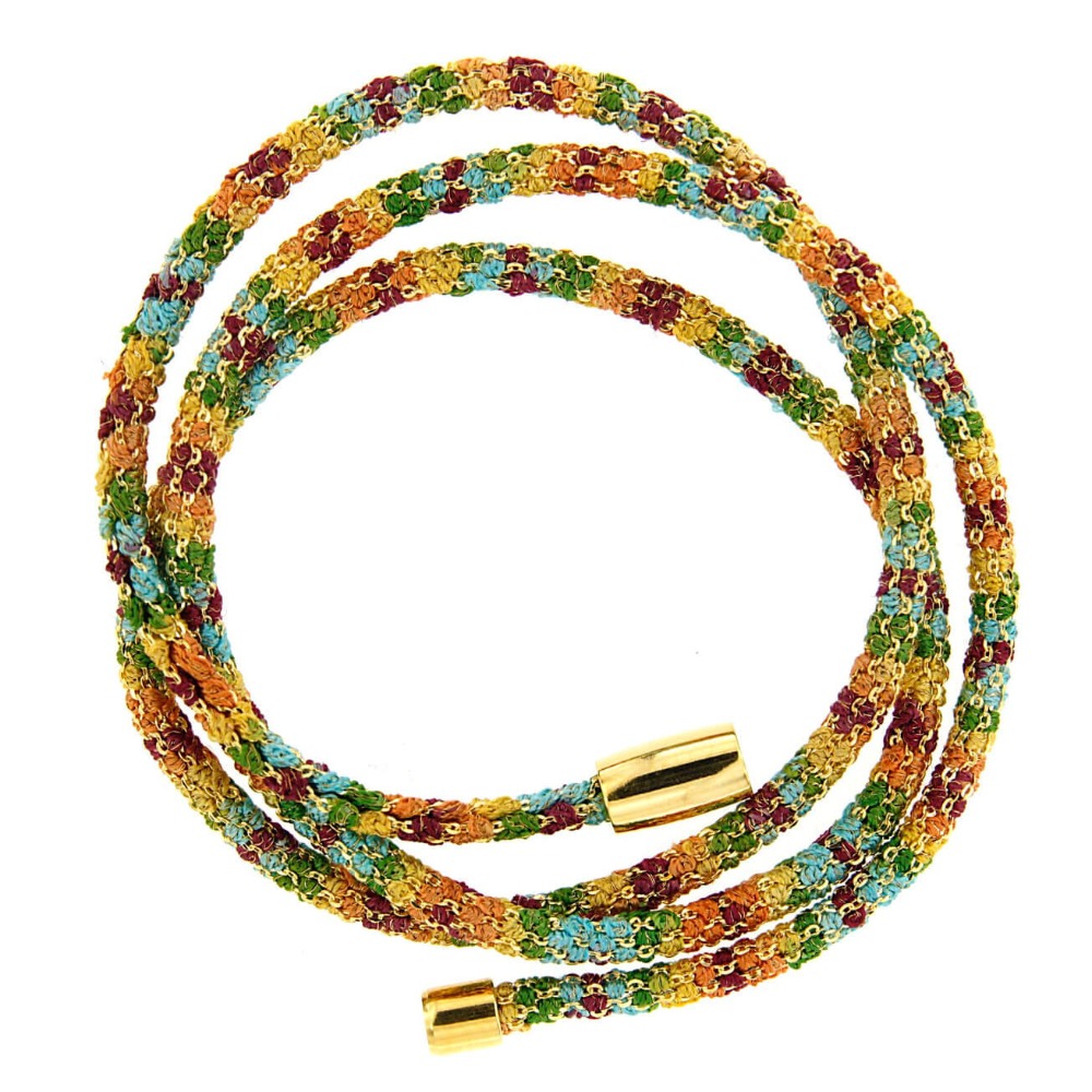 Etru Jewels 925 Silver Wrapped Round Bracelet / Necklace in Yellow Silver and Rainbow Multicolor Fabric - Image 3
