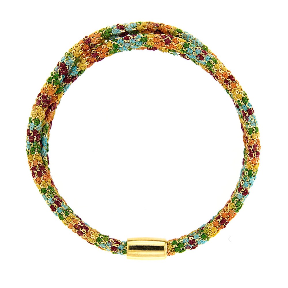 Etru Jewels 925 Silver Wrapped Round Bracelet / Necklace in Yellow Silver and Rainbow Multicolor Fabric - Image 2