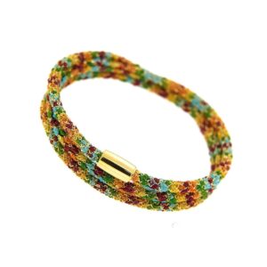 Etru Jewels 925 Silver Wrapped Round Bracelet / Necklace in Yellow Silver and Rainbow Multicolor Fabric