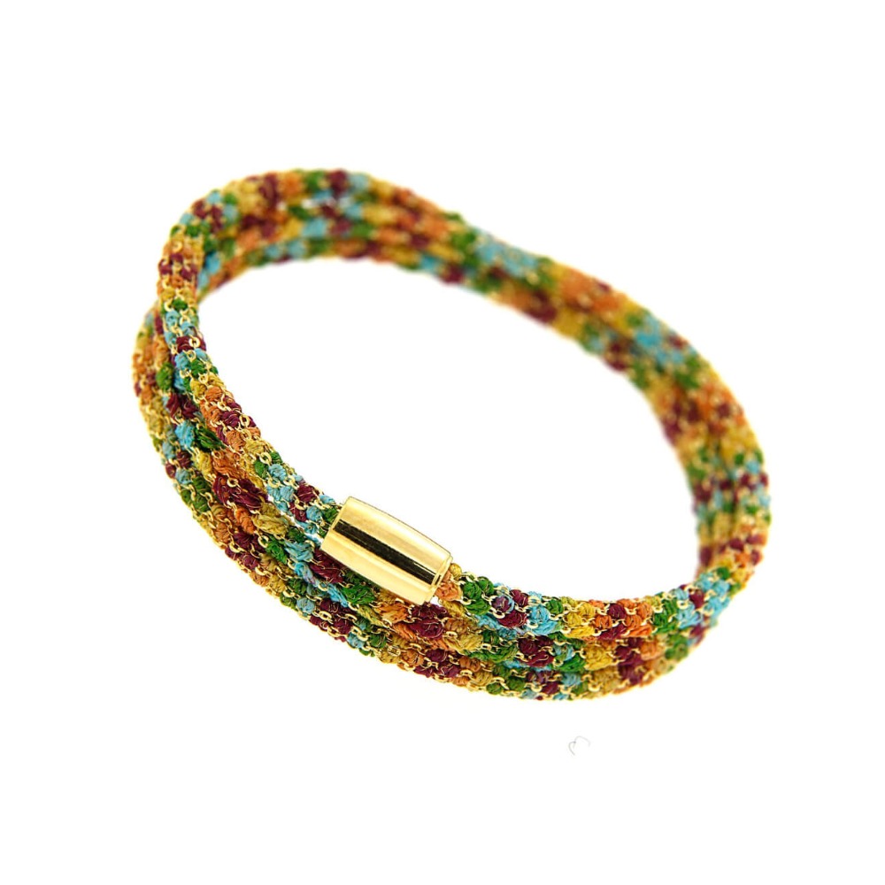 Etru Jewels 925 Silver Wrapped Round Bracelet / Necklace in Yellow Silver and Rainbow Multicolor Fabric