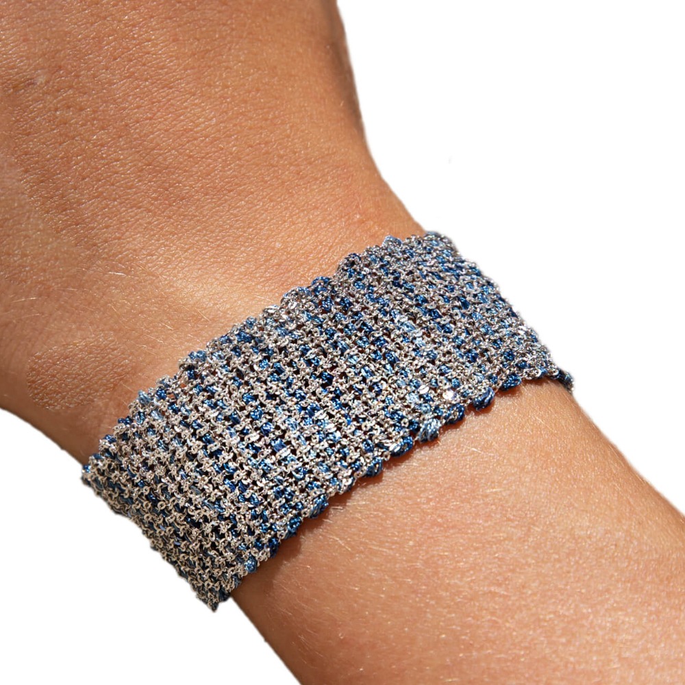 Etru Jewels 925 Silver Large Bracelet In Pink Silver and Bordeaux Fabric - Image 4