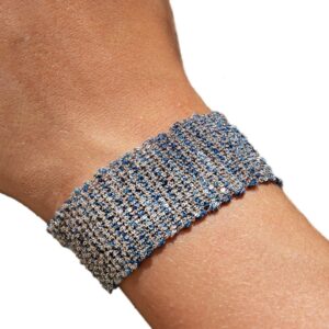 Etru Jewels 925 Sterling Silver Large Bracelet in White Silver and Blue Multi-color Fabric
