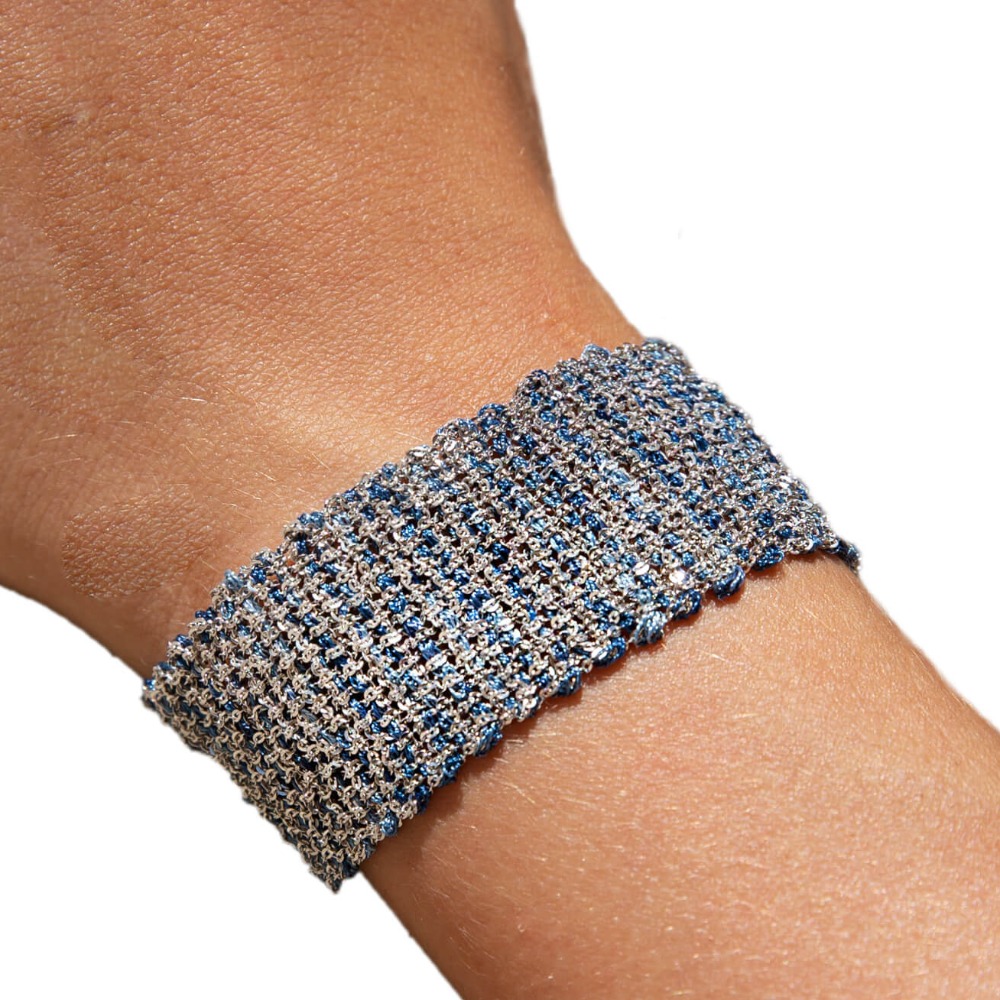 Etru Jewels 925 Sterling Silver Large Bracelet in White Silver and Blue Multi-color Fabric - Image 4