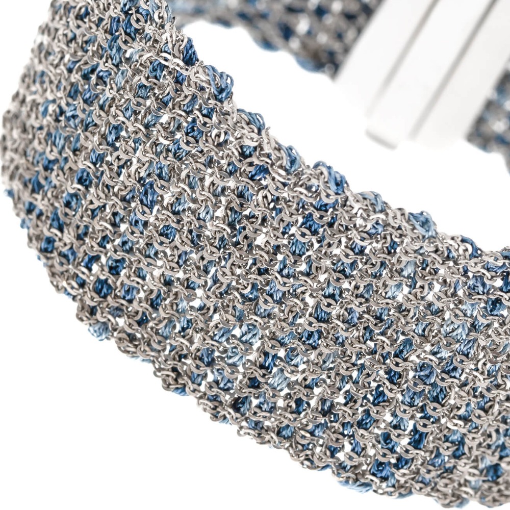 Etru Jewels 925 Sterling Silver Large Bracelet in White Silver and Blue Multi-color Fabric - Image 3