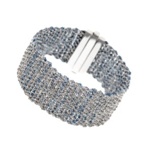 Etru Jewels 925 Sterling Silver Large Bracelet in White Silver and Blue Multi-color Fabric