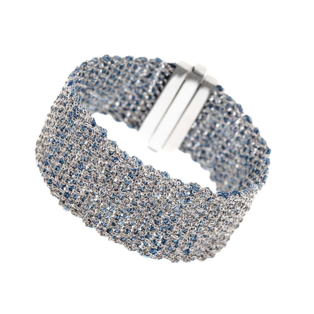 Etru Jewels 925 Sterling Silver Large Bracelet in White Silver and Blue Multi-color Fabric - Image 2