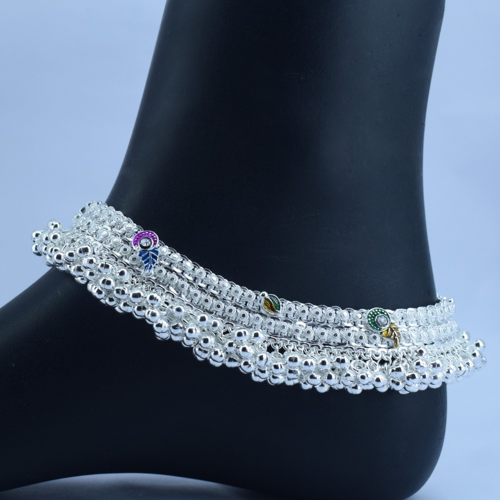 Bridal Khushboo Pattern Heavy Silver Anklets