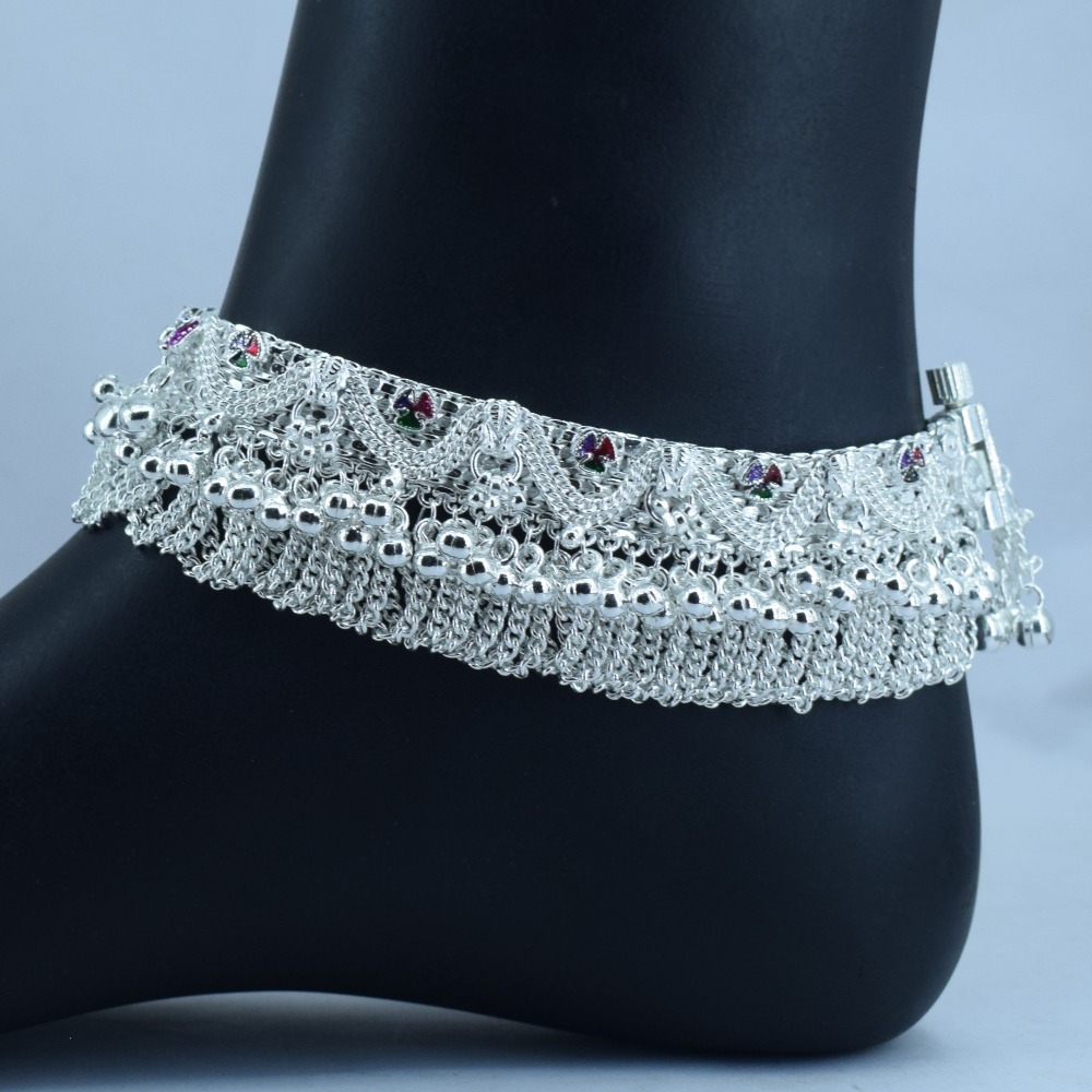 bridal double jhallar pattern silver anklets