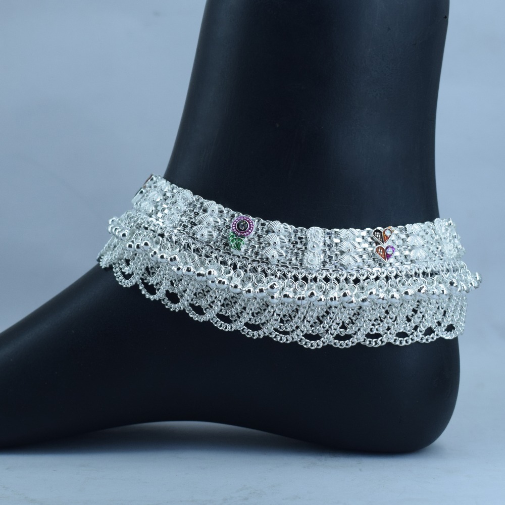 Silver Charms bridal Heavy jhalar Pattern silver anklets