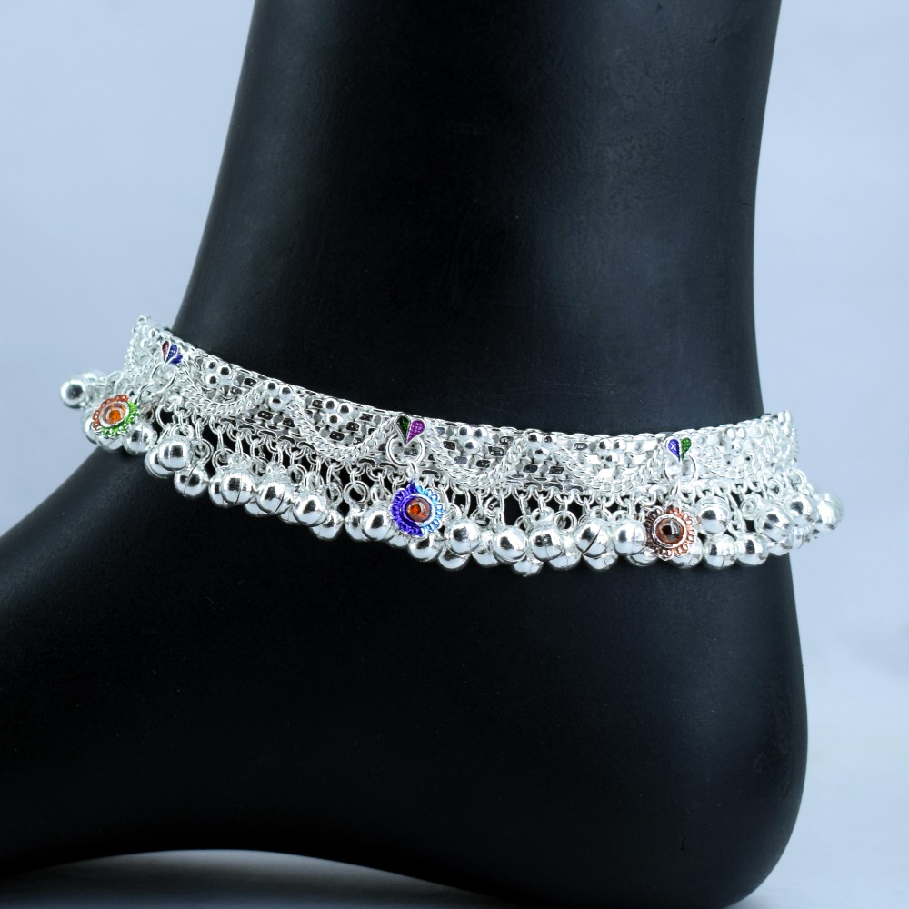 Heavy bridal dhaniya on frills pattern Silver anklets