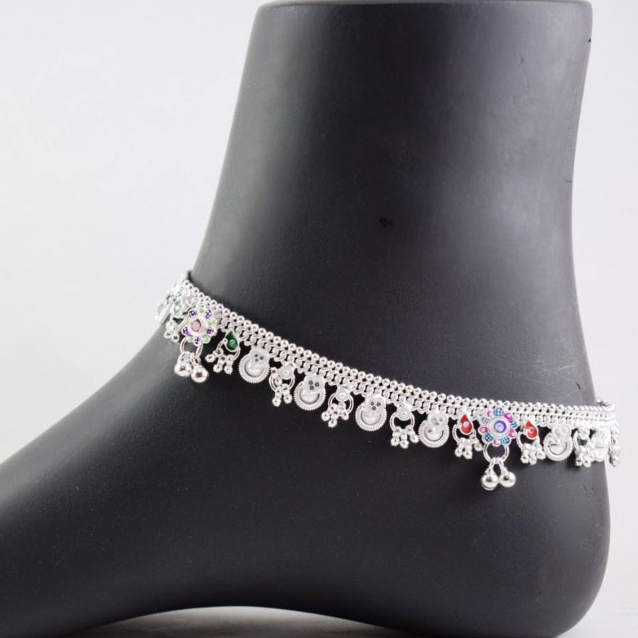 Curb Chain Bells Pattern Silver Anklets (payal) For Womens