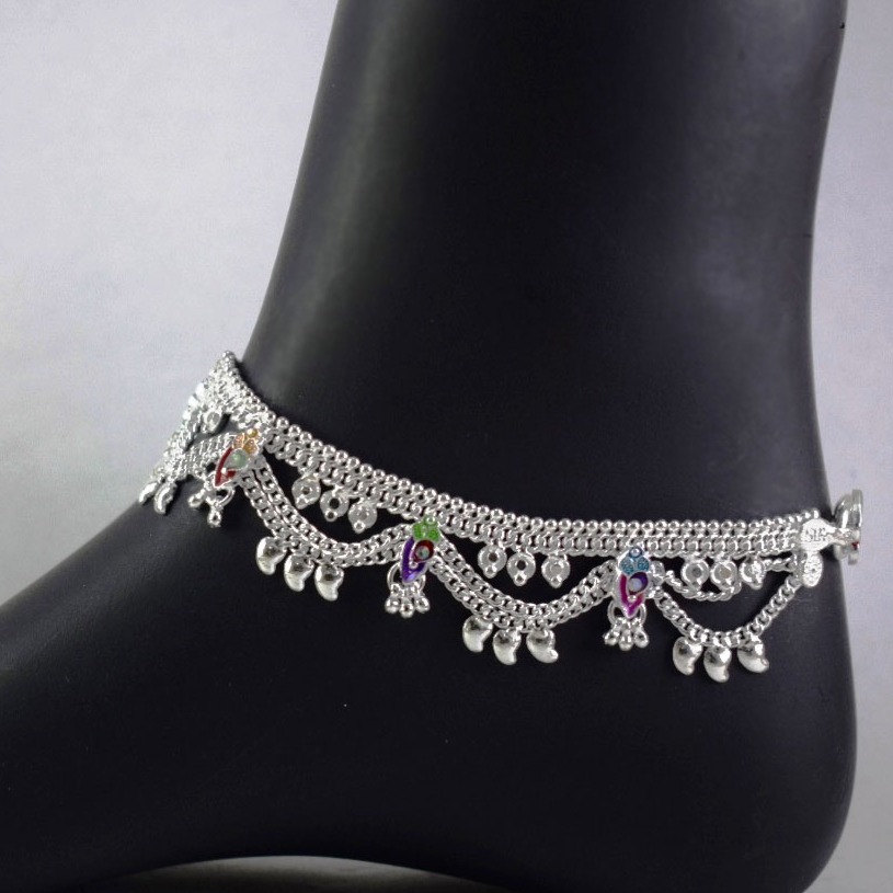 Silver Charms Curb Chain Heavy Frills Silver Anklets (payal) For girls & womens