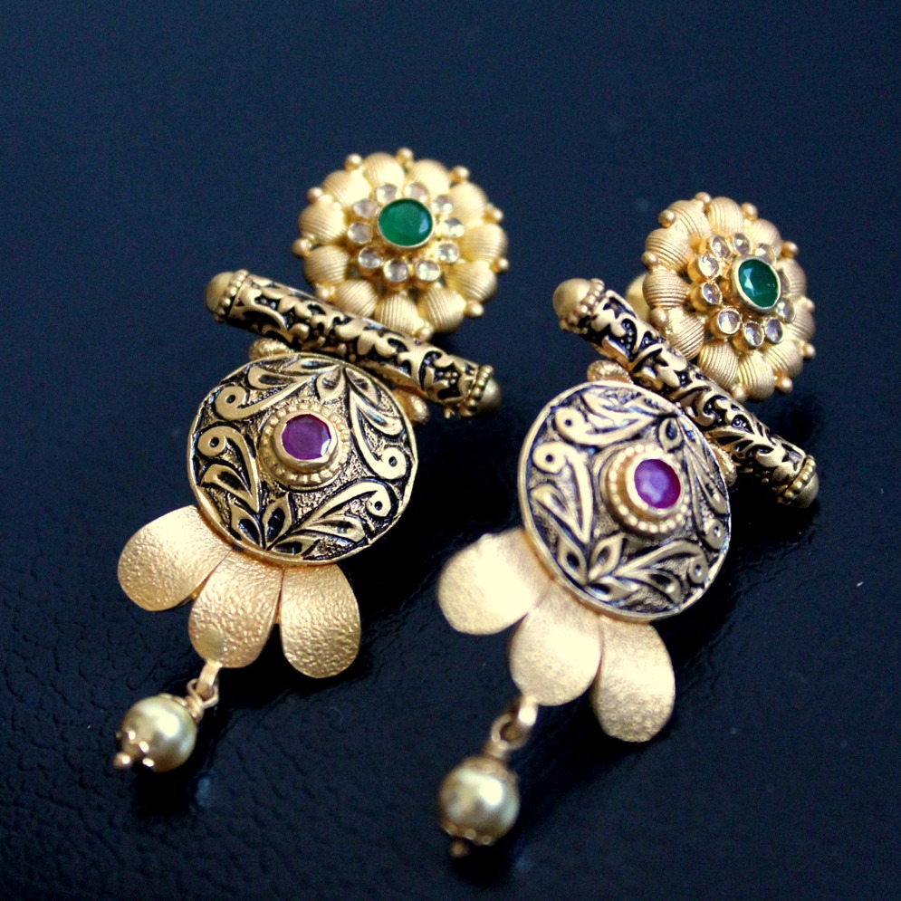 916 Gold Antique Real Pearl Bridal Earring SJ - E002