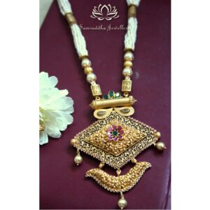 916 gold antique real pearl bridal long necklace set sj - n002