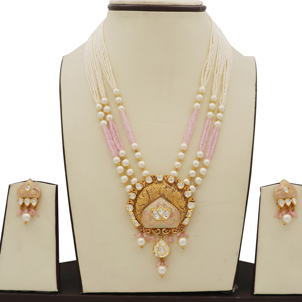 916 Gold Loopy Bends Pearl Light-weight Necklace Set For Women AJNS211